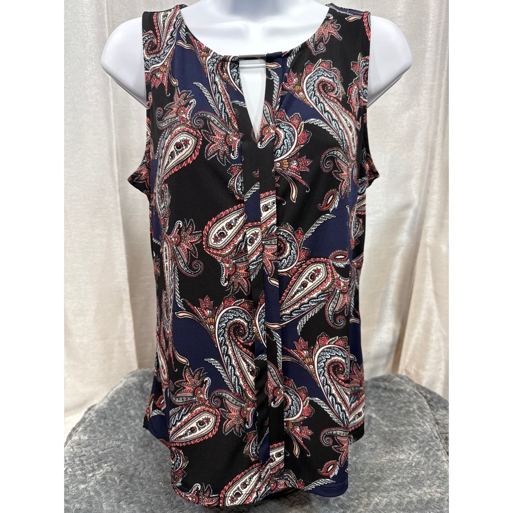 White House Black Market Paisley Keyhole Sleeveless Top Navy‎ Black Red Small